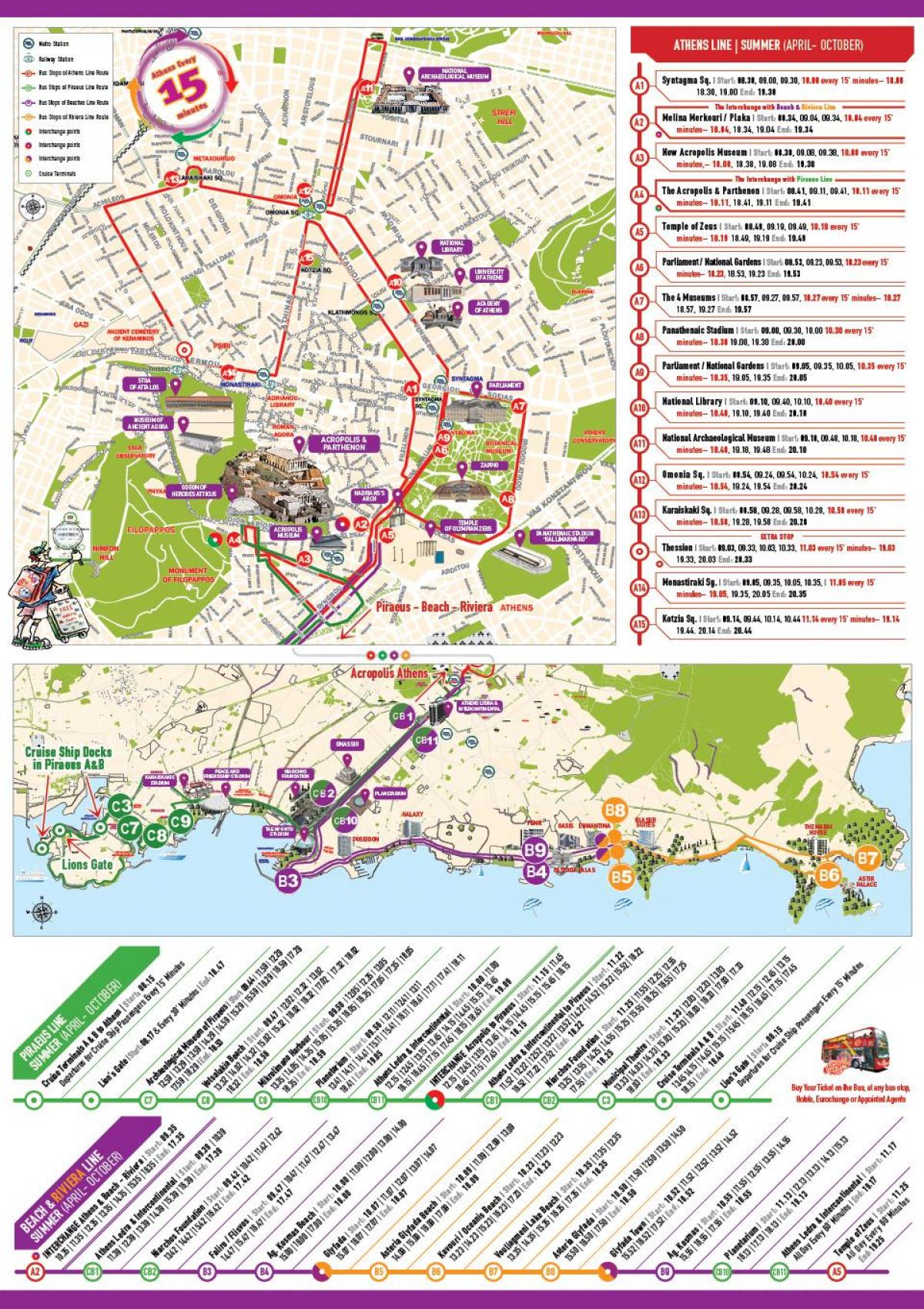 Athen hop-on-hop-off-bus route map